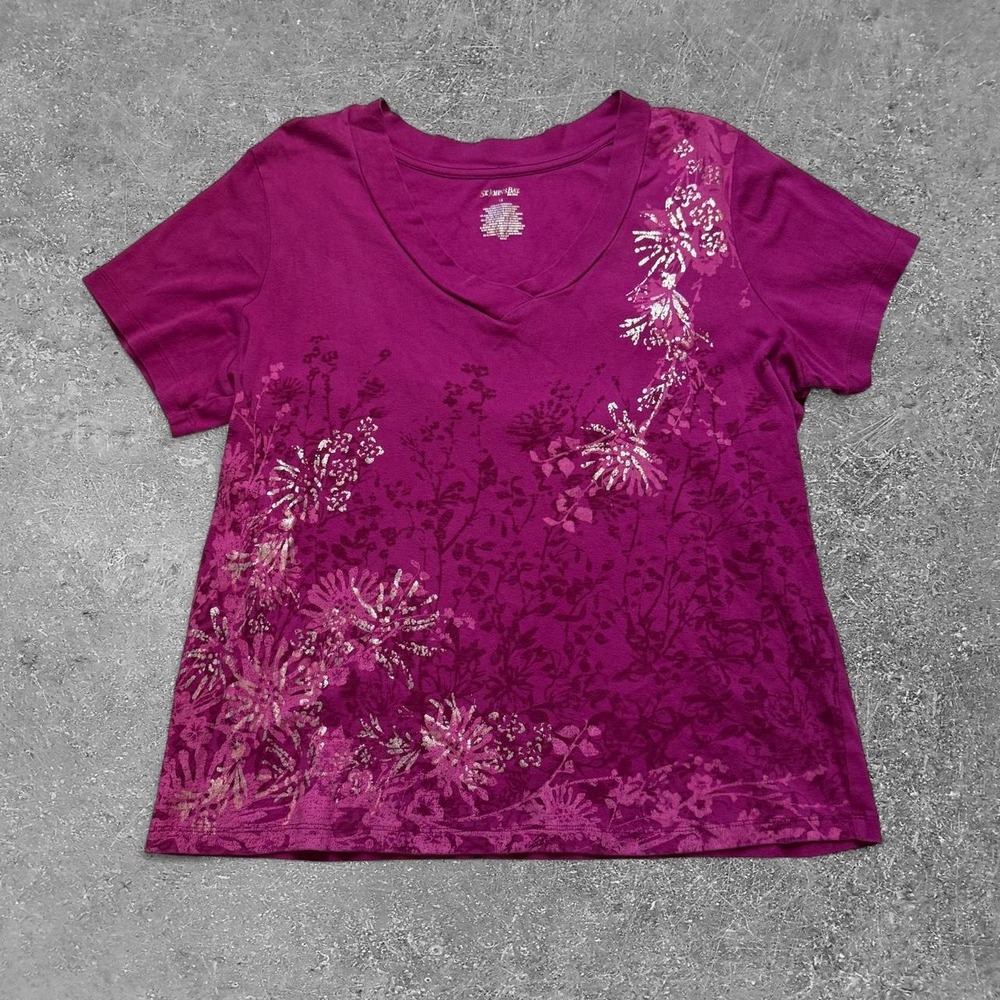 St. Johns Bay Purple Floral Cotton V-Neck T-Shirt Silver Graphic Print Size 1X
